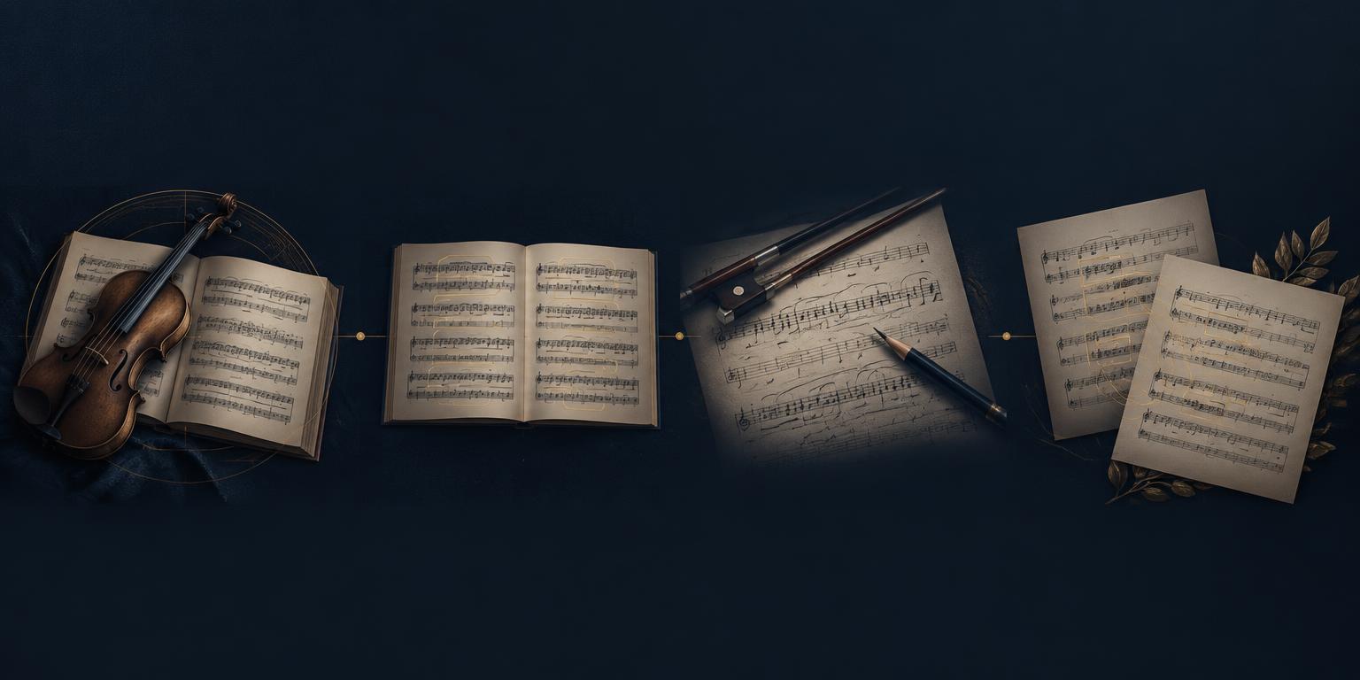 A violin and musical scores illustrating four stages of repertoire study
